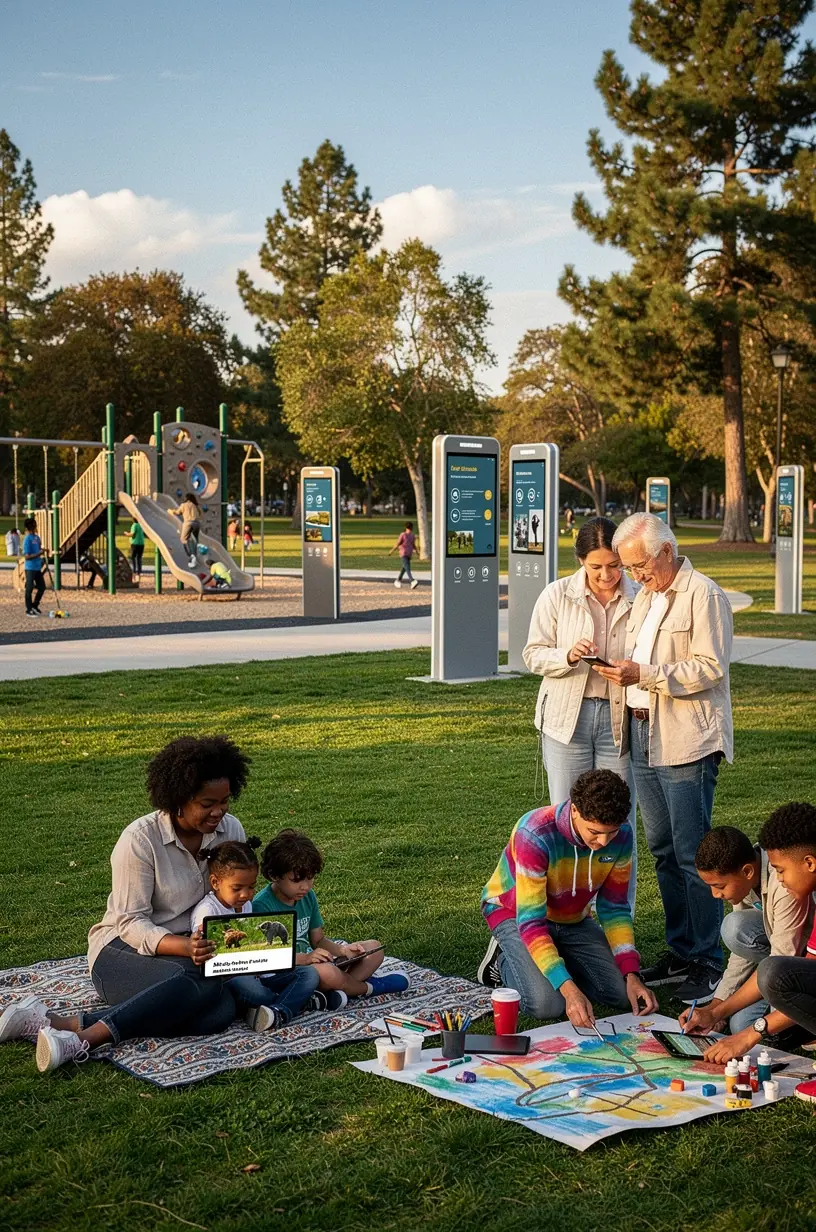 Residents using mobile devices to access smart city services, reflecting practical benefits of technology adoption.