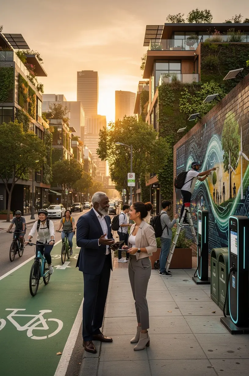 Community members engaging with interactive smart city technology in a public urban space.