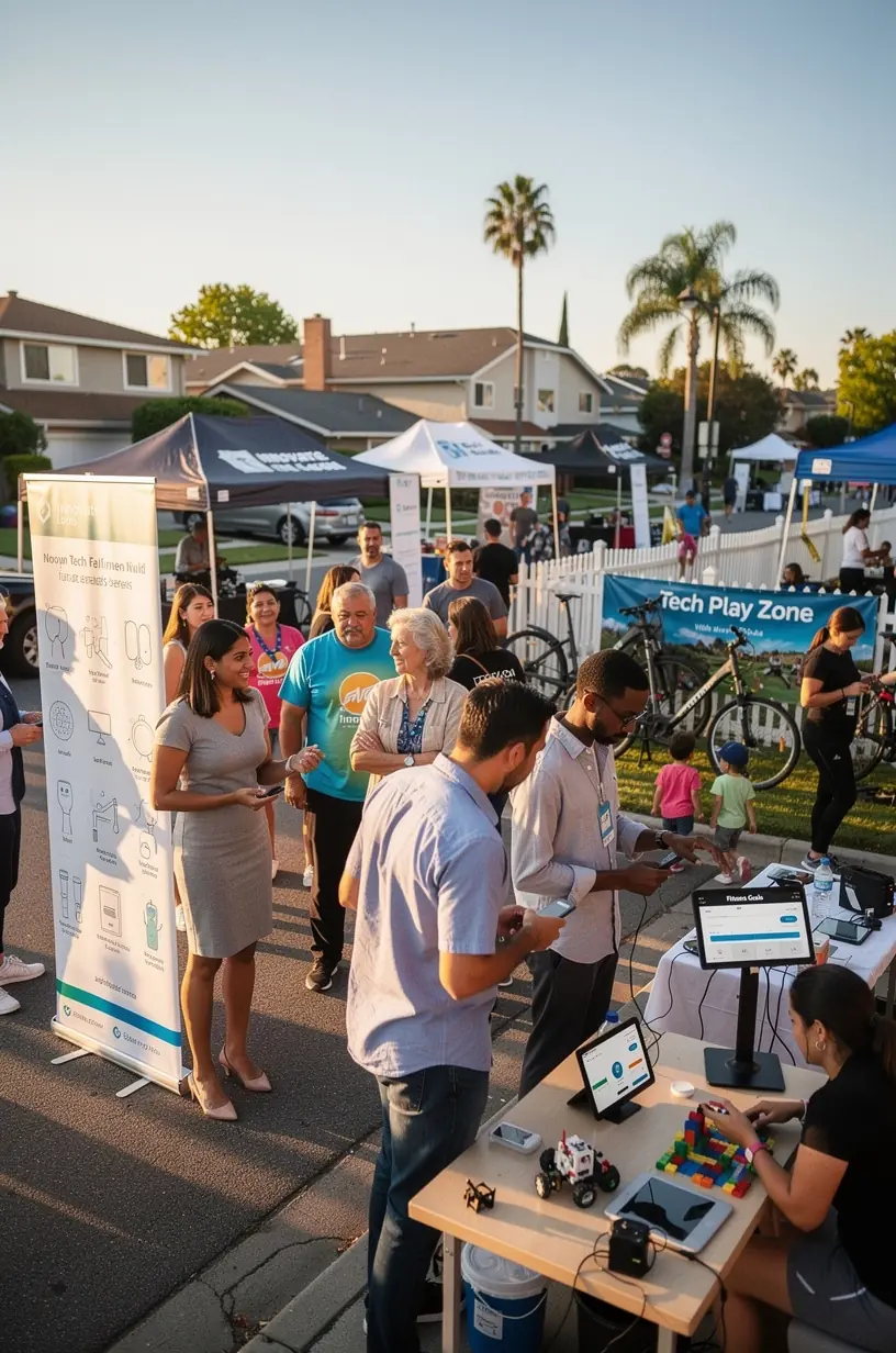 Educational workshop in a district hall focusing on technology adoption and digital literacy for residents.